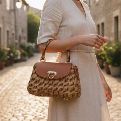 Twine Lock Bamboo Handle Handbag