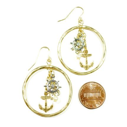Anchor & Wheel Nautical Circle Dangle Earrings